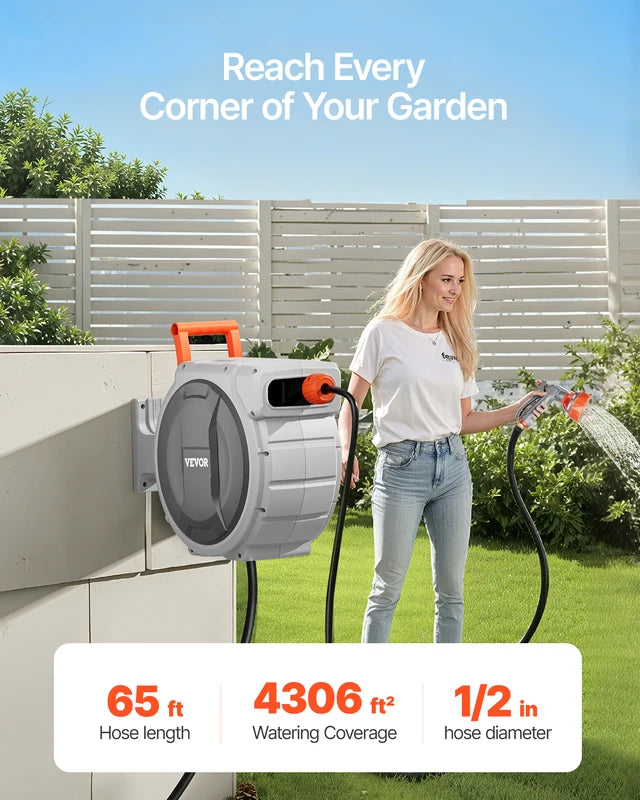 Heavy Duty Retractable Garden Hose Reel Wall Mount with 9 Spray Patterns