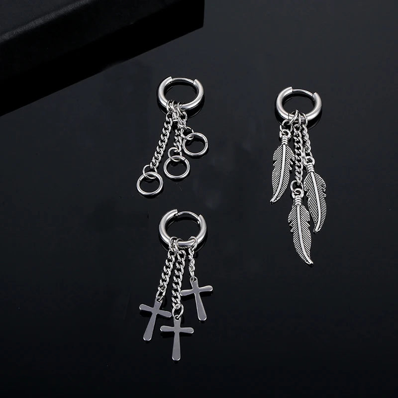 Simple Cross Feather Tassel Earrings for Women Men - Stainless Steel Jewelry