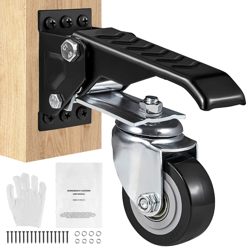 Heavy Duty Workbench Caster Wheels Set - 165 lbs, 2.5-inch Swivel, Side Mounted, Retractable, 360° Rotation