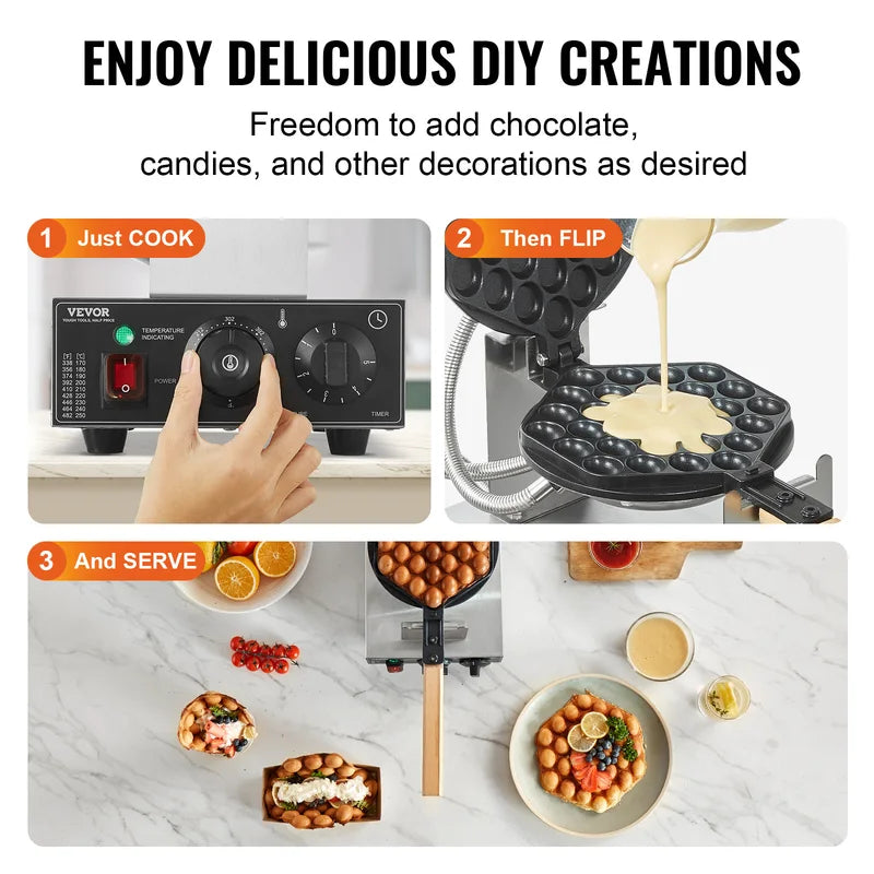 Commercial Egg Bubble Waffle Maker 1400W Non-Stick Stainless Steel with Rotatable Pans