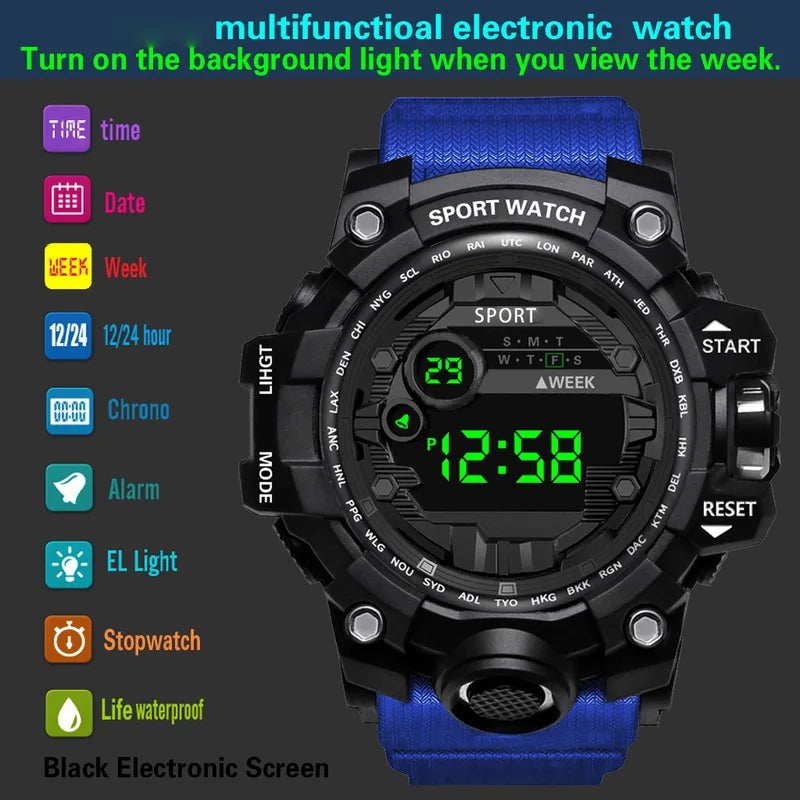 Digital Sports Waterproof Men's Wristwatch with Large Dial and Multifunctional Features