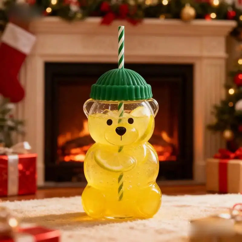 Cute Bear Plastic Drink Cup with Lid and Straw for Cold Beverages