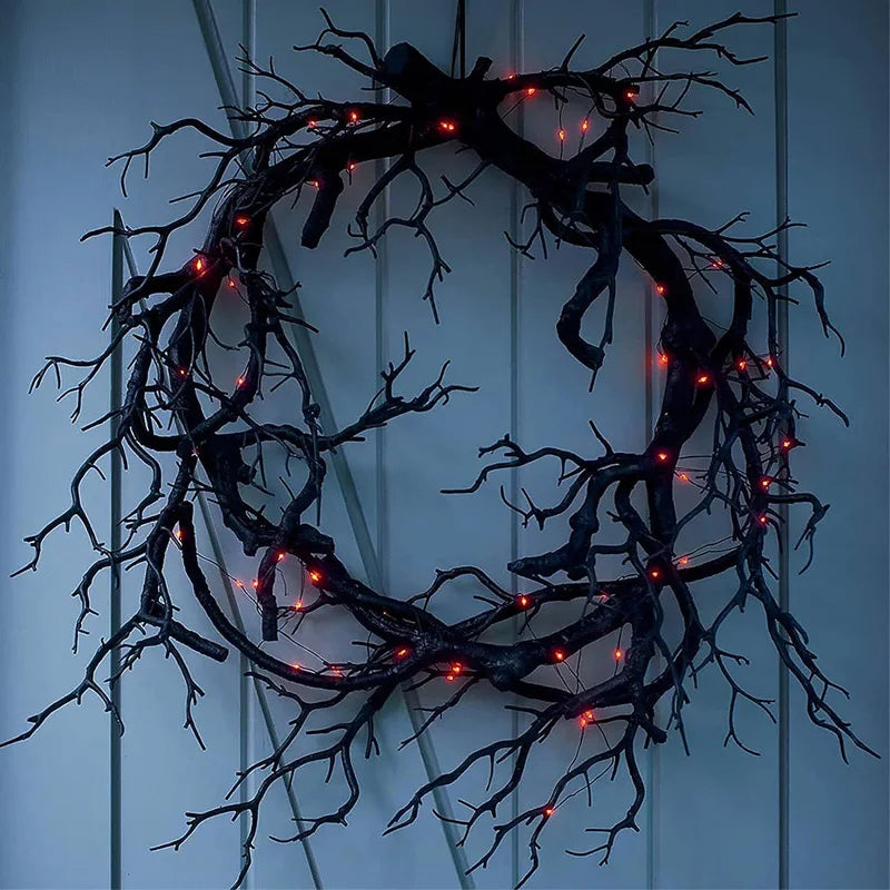 Halloween Black Branch Wreath with LED Lights 42cm Door Decoration - DIY Spirit