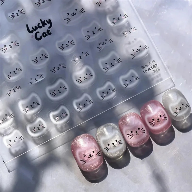 Cat Face Nail Art Stickers - Embossed Relief Manicure Decals for Creative Nails