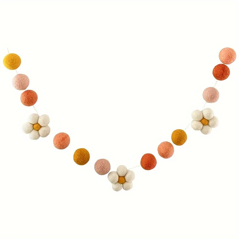 Bohemian Felt Daisy Wreath - Handmade Wool Ball Garland for Home & Nursery Decor