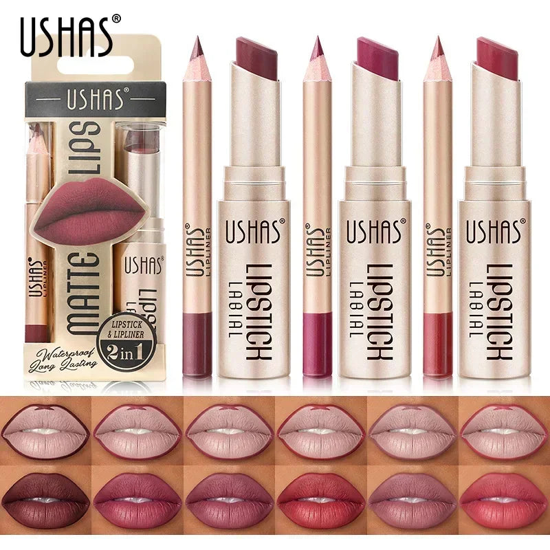 2 in 1 Lipstick and Lip Liner Set Waterproof Long Lasting Matte Makeup for Women