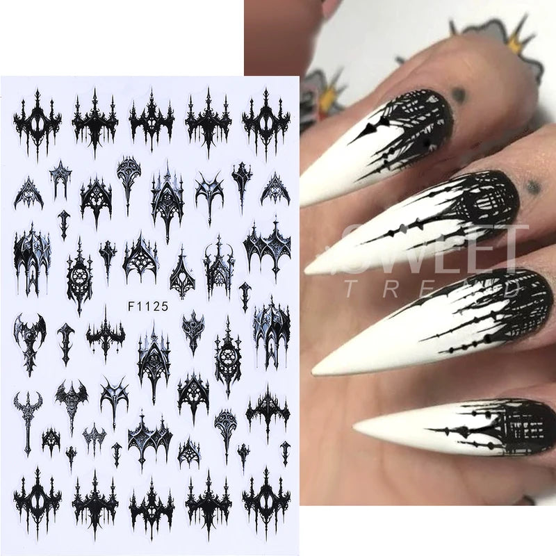 Halloween Gothic Nail Stickers 3D Letter Lace Skull Castle Manicure Decor