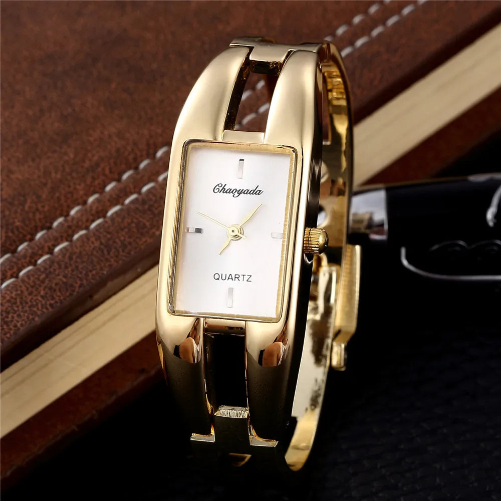 Luxury Rectangle Women Bangle Watch - Elegant Gold, White, Black Dial