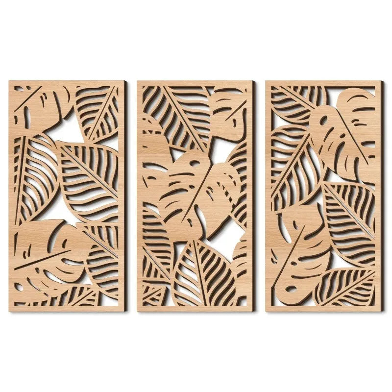 Boho Wooden Wall Art Set - Carved Abstract Plant Decor for Living Room & Bedroom