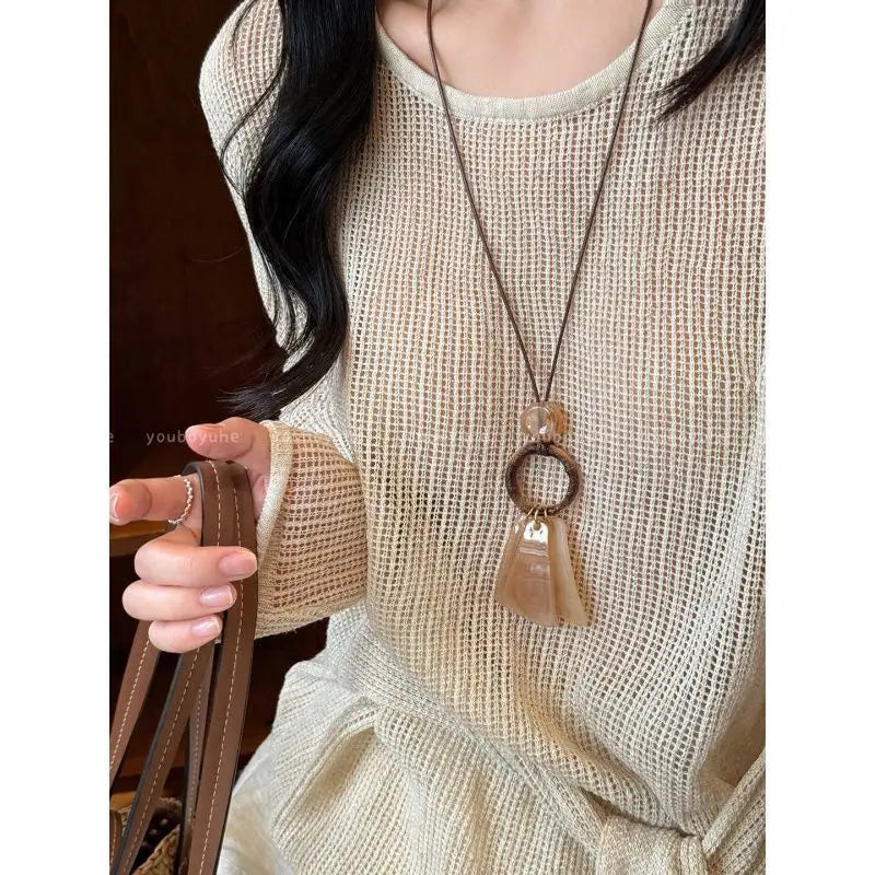 Vintage Resin Large Circle Pendant Necklace for Women Adjustable Chain Jewelry