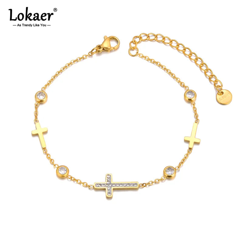 Stainless Steel Cross Charm Bracelet for Women 18K Gold Plated Wedding Jewelry