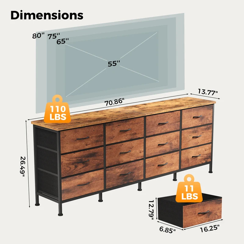 Fabric Cabinet with 12 Drawers for Living Room Bedroom Storage - Large TV Console