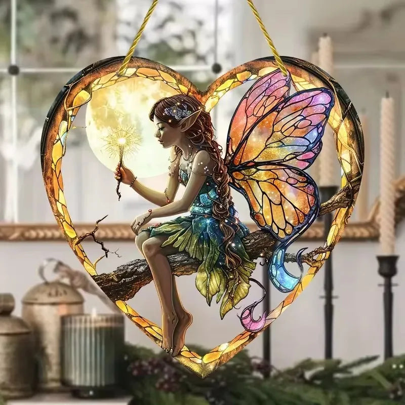 Fairy Night Suncatcher Wall Hanging - Heart Shaped Stained Glass Acrylic Decor