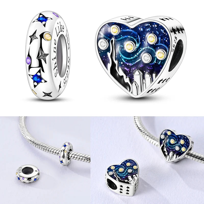 Sterling Silver Starry Sky Charm Bead with CZ Zircon for DIY Bracelets - Black & Green Options