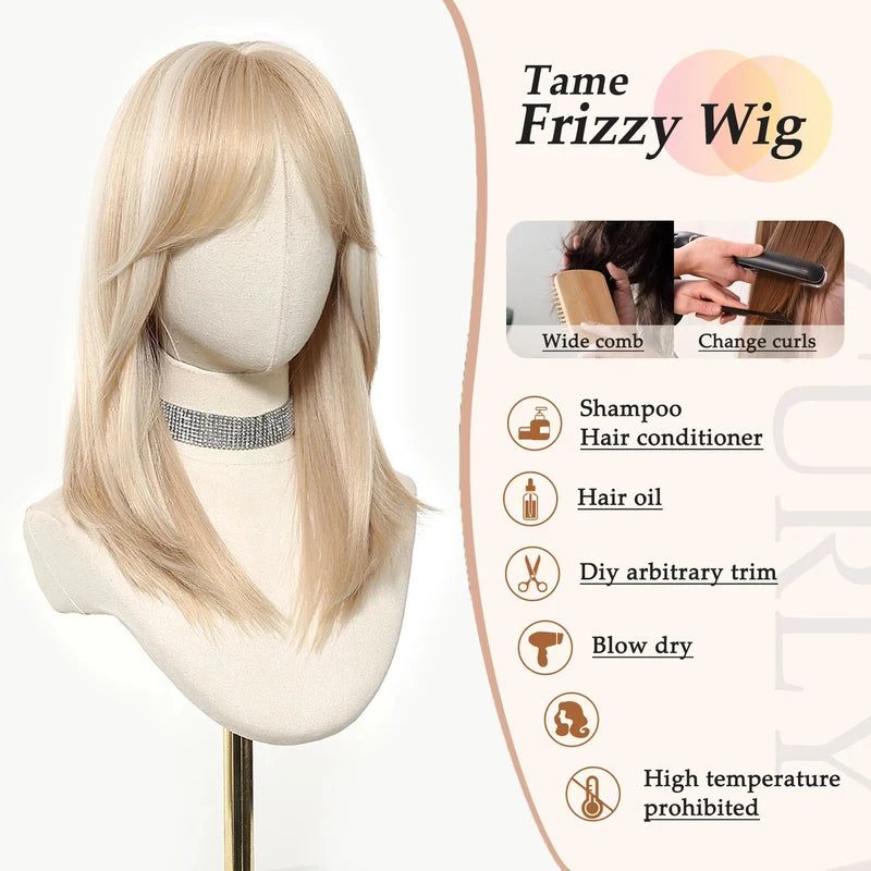 Blonde Synthetic Wig for Women Medium Length Straight with Bangs - Heat Resistant & Natural Look