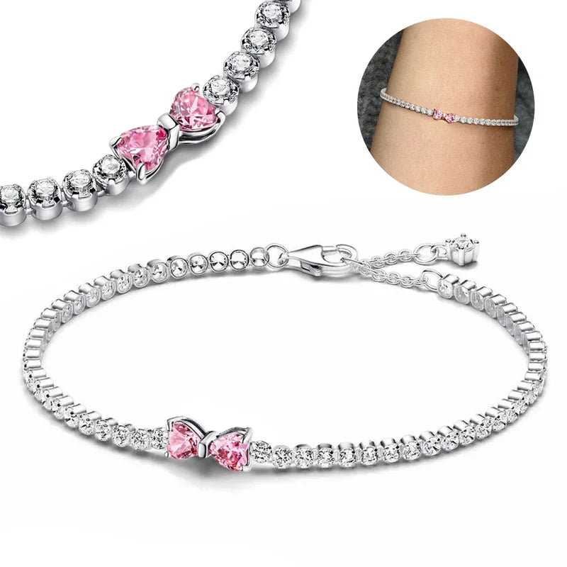 Valentine Pink Bow Silver Bracelet for Women - Diamond Charm Jewelry