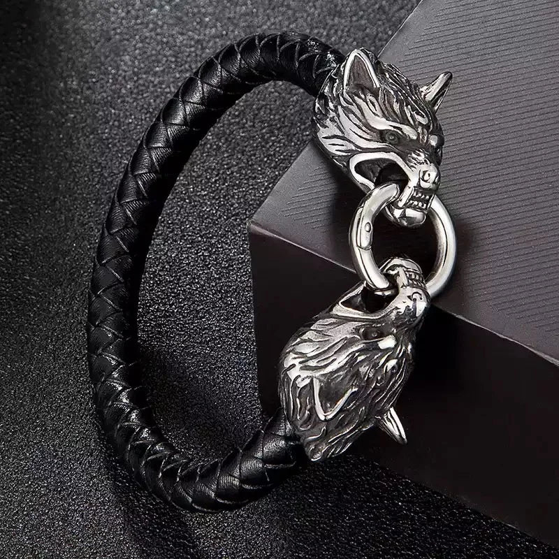Viking Wolf Head Leather Bracelet for Men - Handmade Stylish Personalized Jewelry