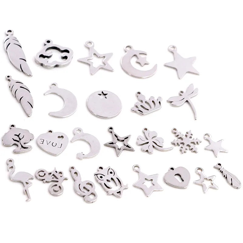 30pcs Stainless Steel Feather Leaf Moon Star Heart Charms for Jewelry Making
