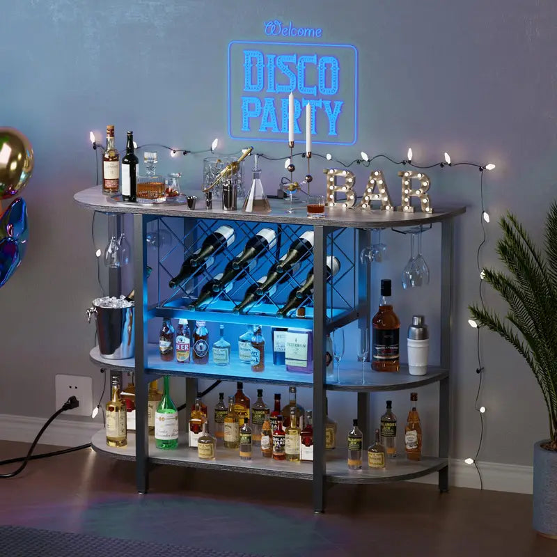 LED Home Bar Cabinet with Storage, Glass Holder & Wine Bottle Racks