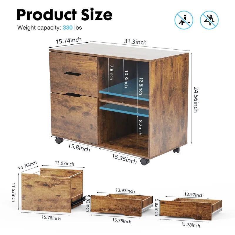 Wooden Mobile Storage Cabinet with 3 Drawers - Modern Nightstand Organizer