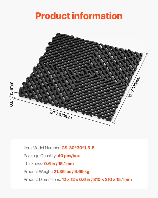Interlocking Drainage Floor Mat 12x12 Inch Heavy Duty Non-Slip PP Tile for Garage
