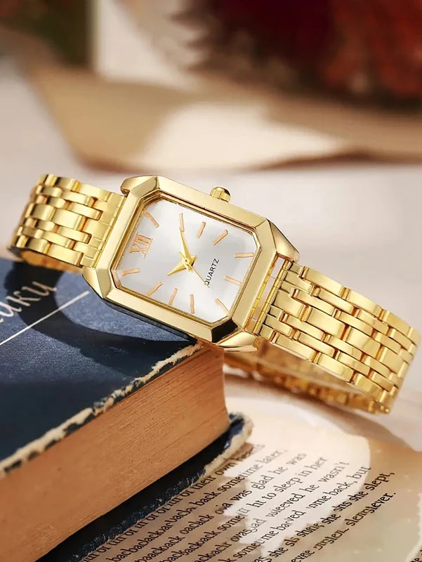 Ladies Quartz Watch Jewelry Set with Stainless Steel Band and Roman Numeral Display