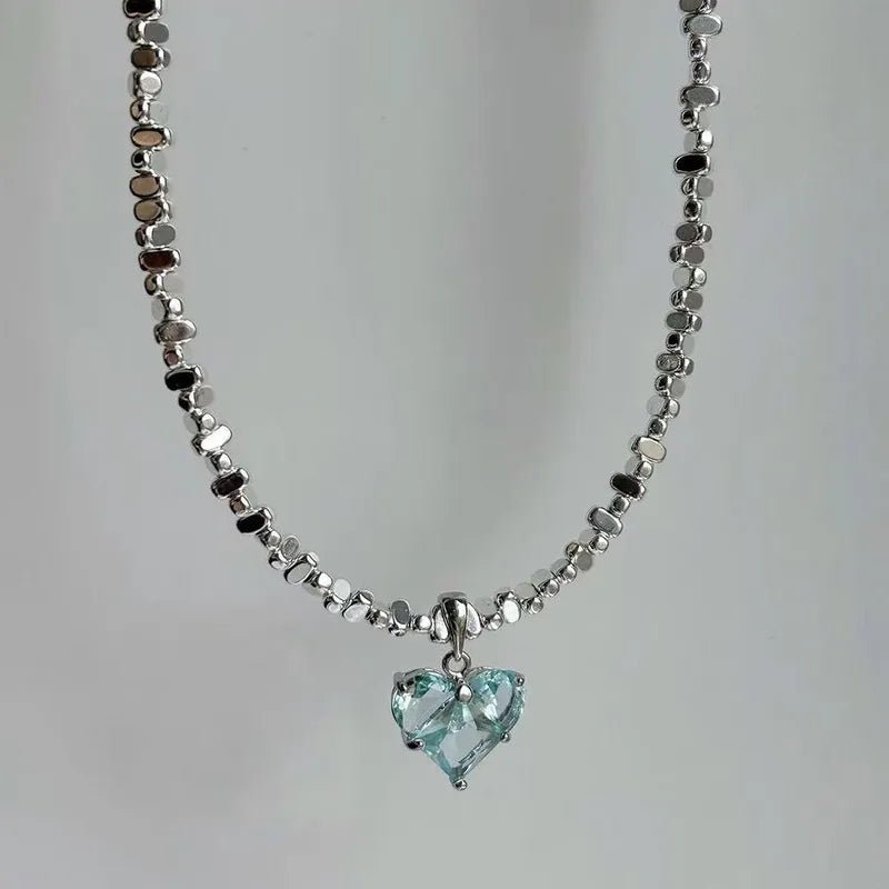 Exaggerated Irregular Beads Chain with Crystal Heart Pendant Necklace for Women Valentine's Gift