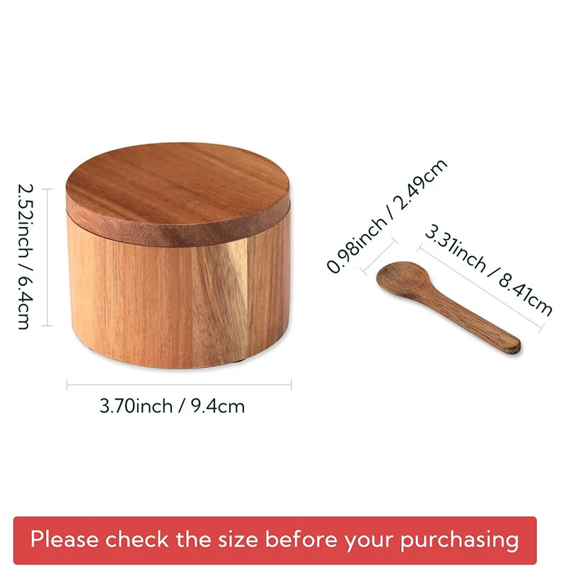 Acacia Wood Salt and Pepper Bowl Set with 360° Swivel Lid and Spoon - Kitchen Seasoning Container