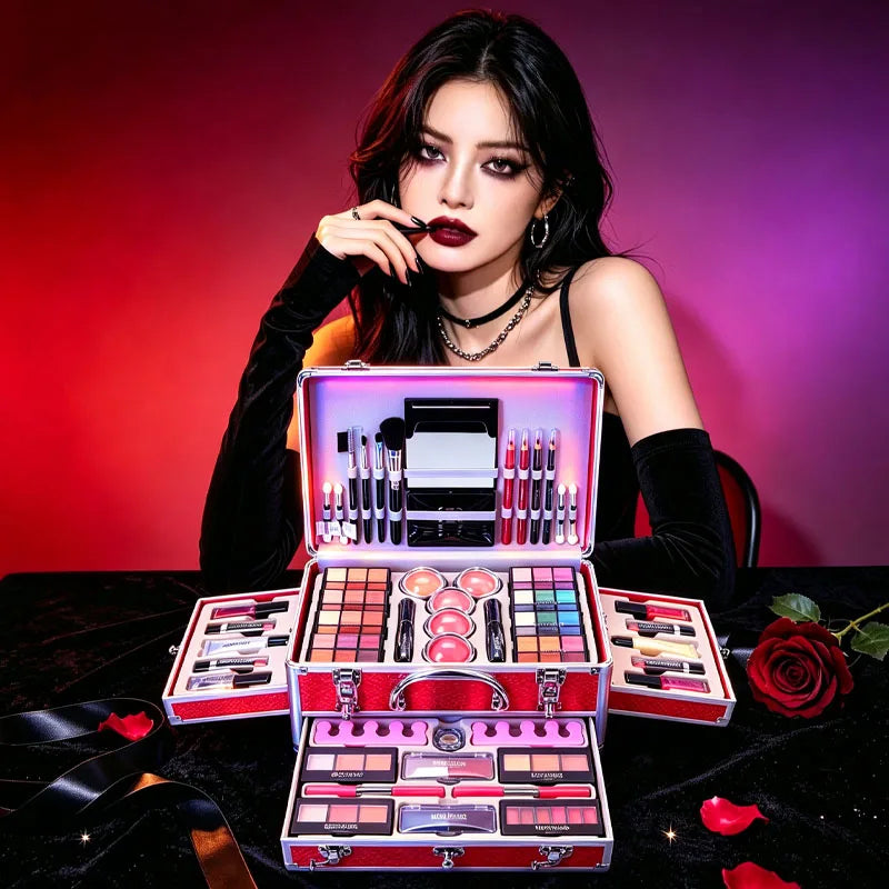 All-in-One Makeup Set with 106 Shades & Tools - Gift Box for Beginners & Teens (Red)