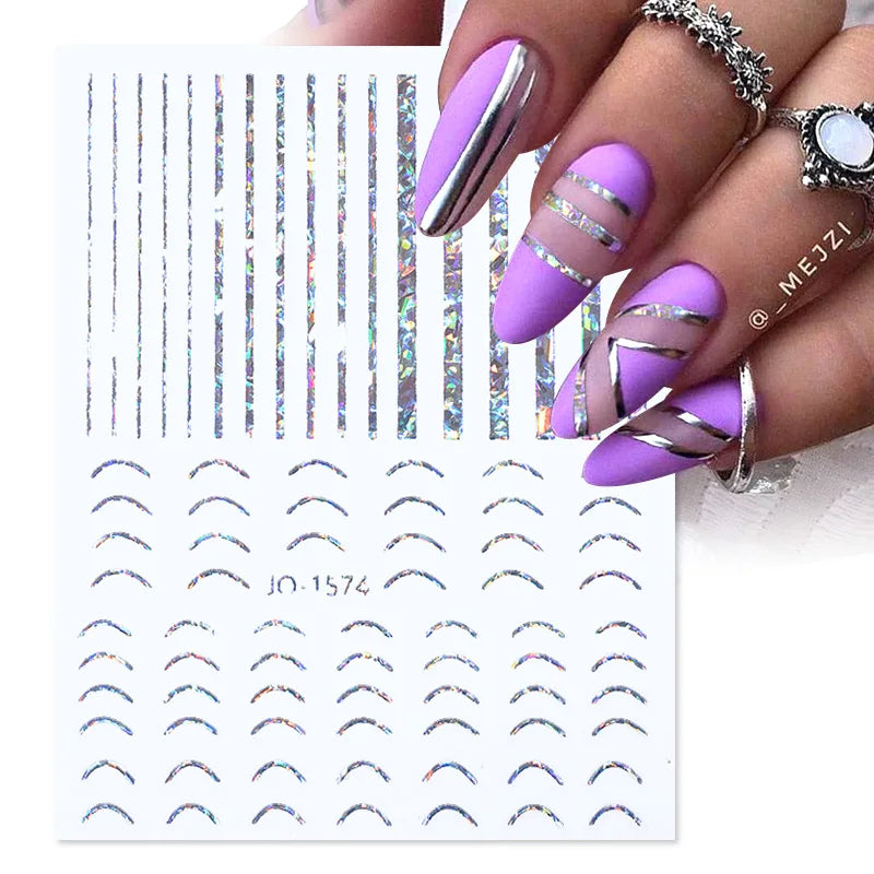 3D Nail Stickers Set with Gold Silver Geometric Floral Designs for Nail Art