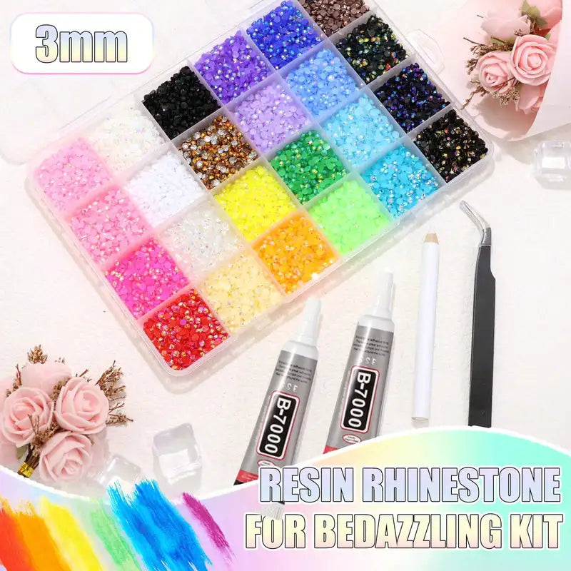 DIY Rhinestone Bedazzling Kit with 24 Colors, Glue & Tweezers for Crafting and Nail Art