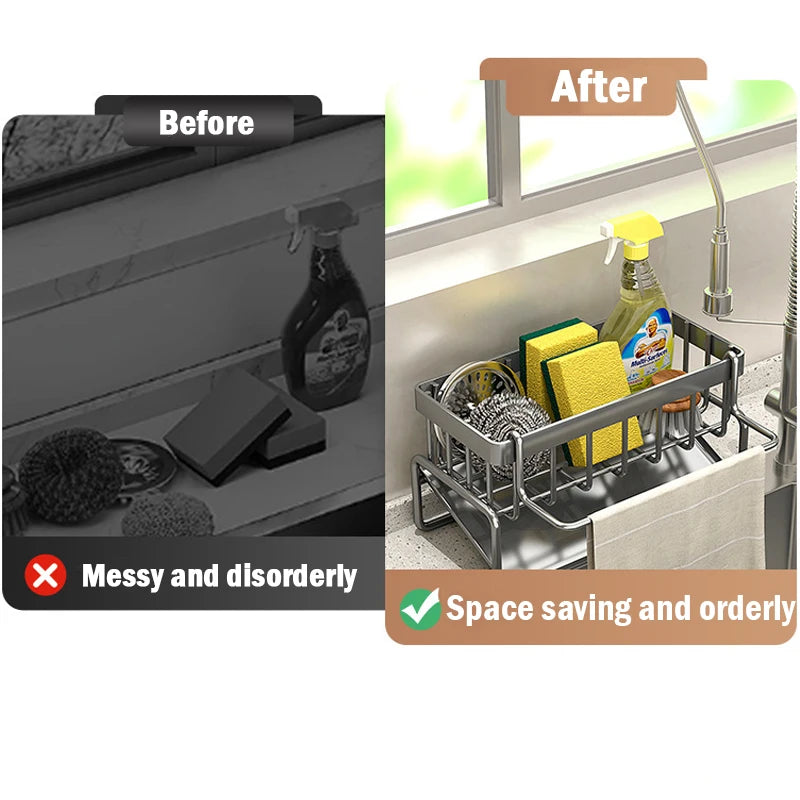 Stainless Steel Sink Cleaning Tools Storage Rack Kitchen Organizer with Drip Tray