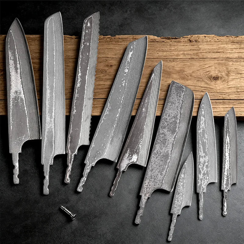 Damascus Steel Kitchen Knife Blanks - Full Tang Handmade Chef Blade Set