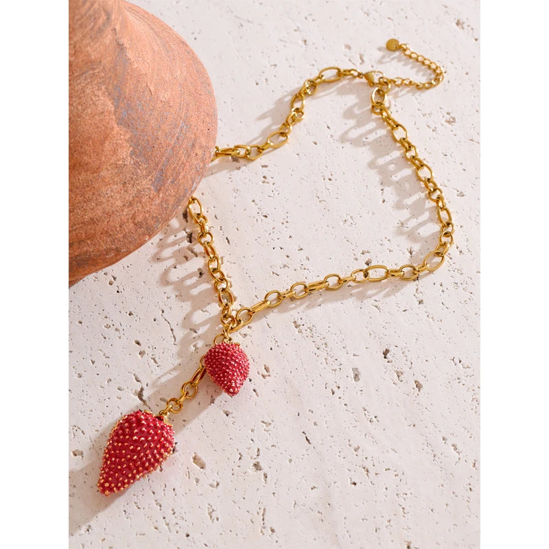 Waterproof Red Strawberry Charm Necklace for Women Stainless Steel Trend Jewelry