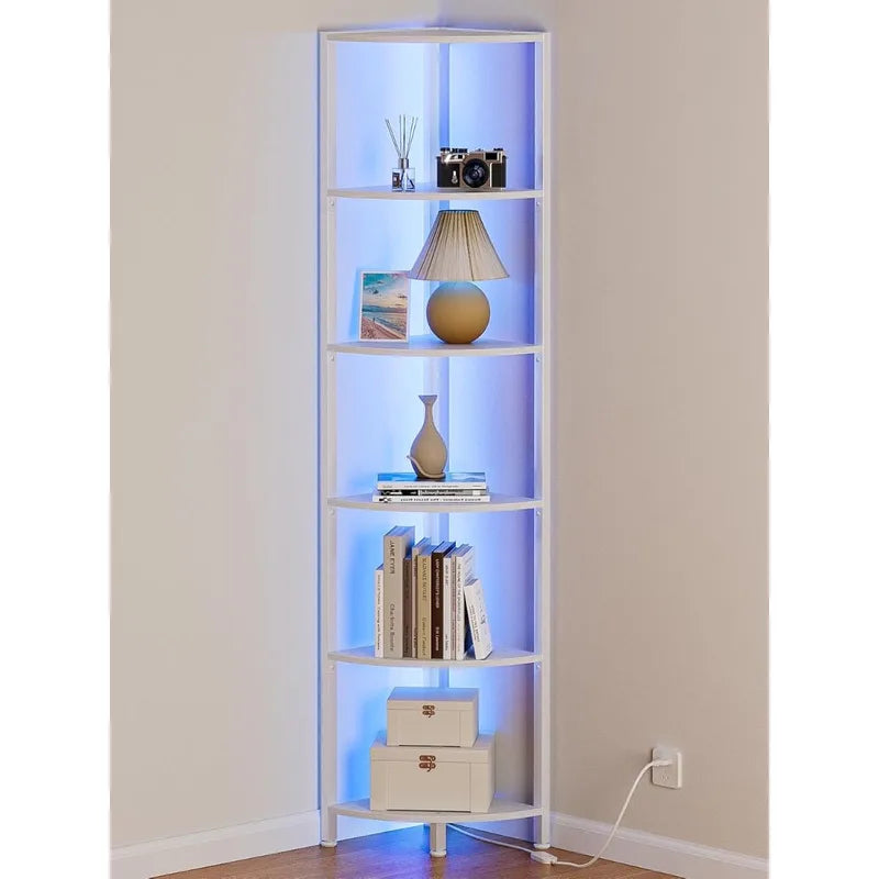 6-Tier Corner Shelf with LED Lights - Tall White Standing Organizer for Home