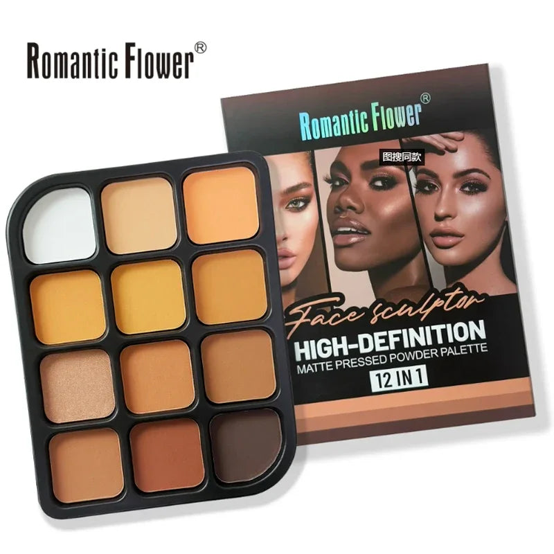 Deep Skin Matte Contour Palette - 12-Color Face Makeup Kit with Highlighter & Bronzer