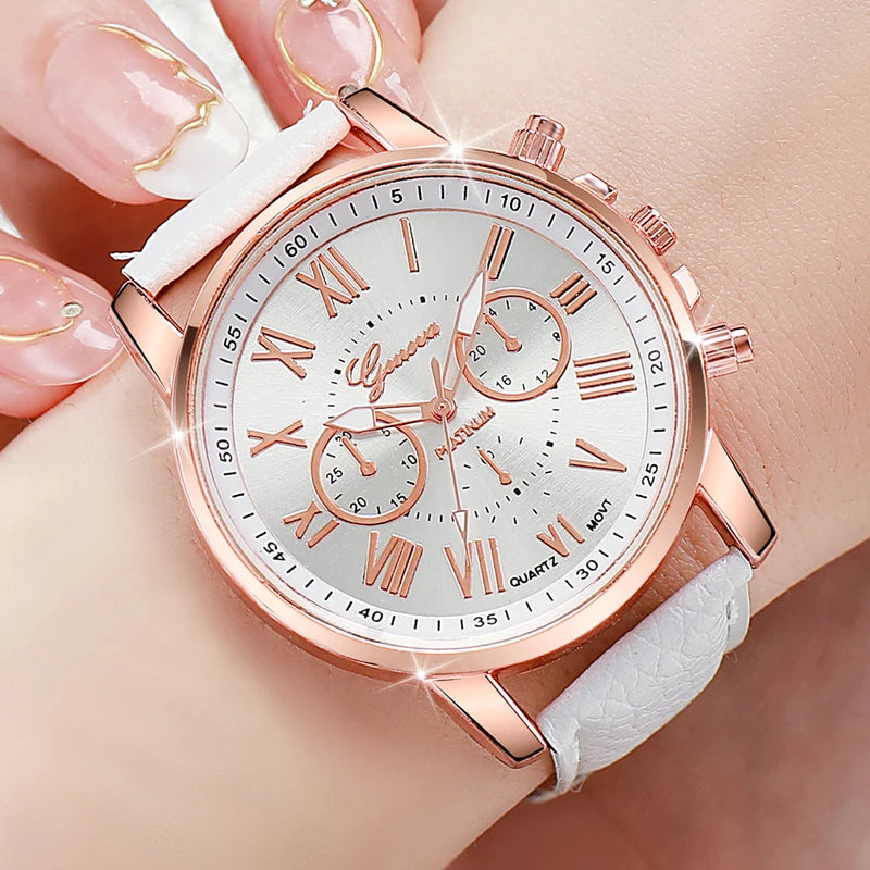 Women's Fashion Quartz Watches Set 5PCS Leather & Silicone Bands Multiple Colors