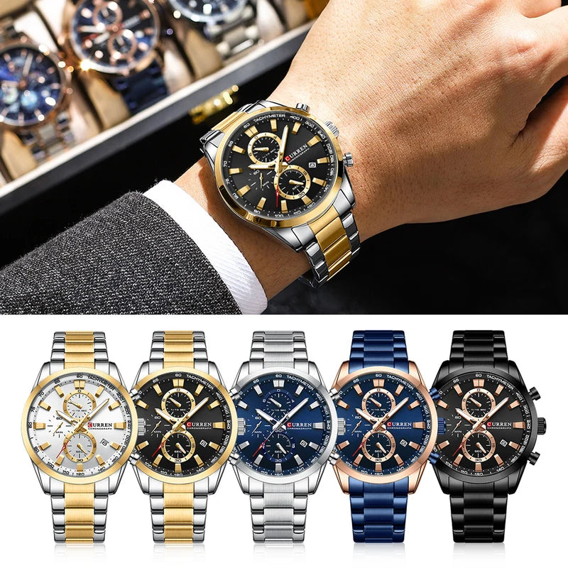 CURREN Quartz Chronograph Sport Watch for Men - Stainless Steel Band, Multifunction Dial