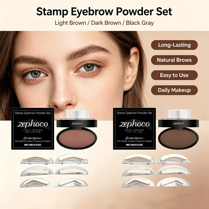 Waterproof Eyebrow Stamp Kit with 3 Shapes & Long-Lasting Powder - Natural Brow Makeup
