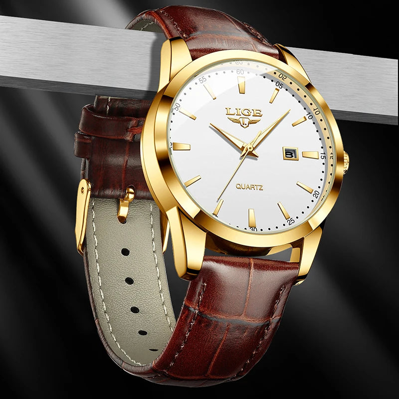 Men's Waterproof Sport Quartz Watch with Leather Strap - Casual Military Style