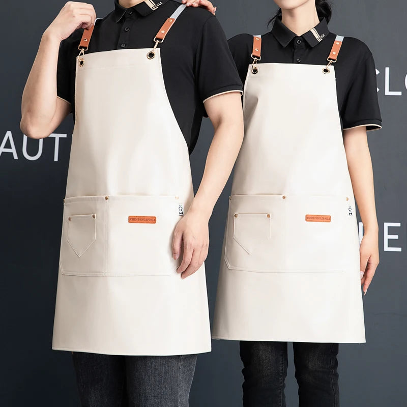 Professional Waterproof Leather Barber Apron with Pockets - Customizable Workwear for Hairdressers and Stylists