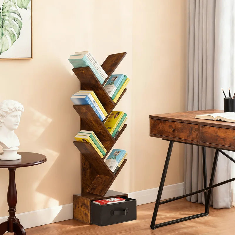 Geometric Wooden Book Rack - 7-Tier Tree Bookshelf with Drawer for Small Spaces