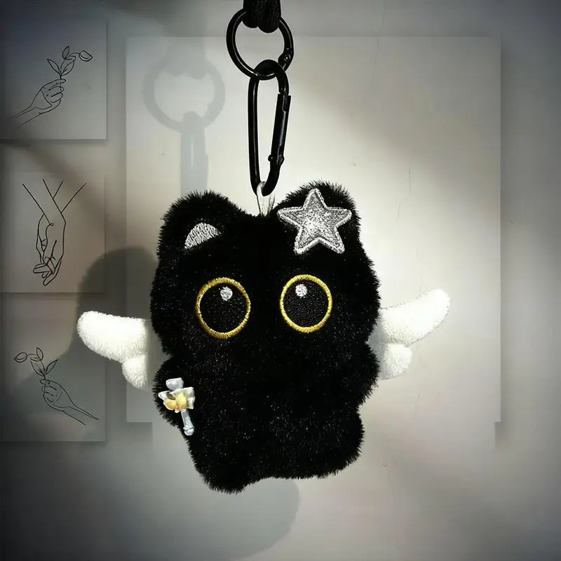 Cute Plush Black Cat Keychain Bag Charm - Kawaii Stuffed Doll Accessory