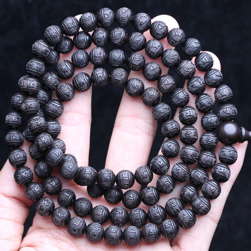 Natural Ebony Prayer Wheel Necklace with 108 Beads and Six-Character Mantra - Tibetan Buddhist Jewelry