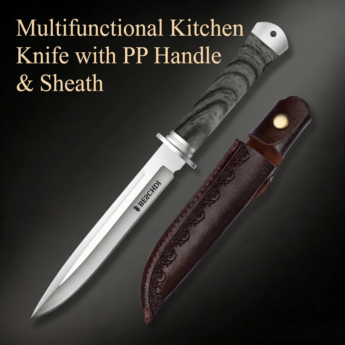 Fixed Blade Kitchen Knife with Leather Sheath - Stainless Steel, Multi-Color