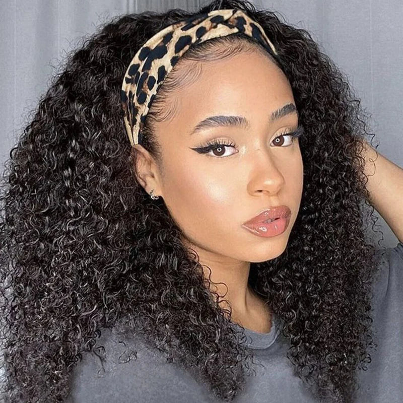 Kinky Curly Human Hair Headband Wig for Black Women 250% Density Glueless Brazilian Remy Jerry Curl