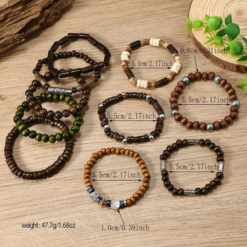 Bohemia Ethnic Beaded Bracelets Set for Men - Multi-Layer Wooden and Life Tree Design
