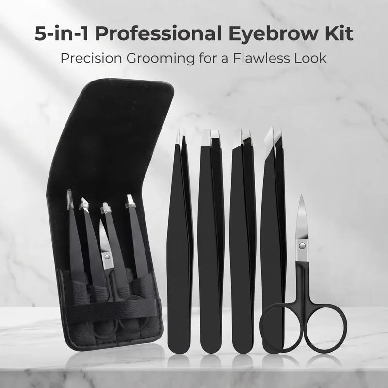 5-Piece Stainless Steel Eyebrow & Lash Tweezers Set Professional Hair Removal Tools