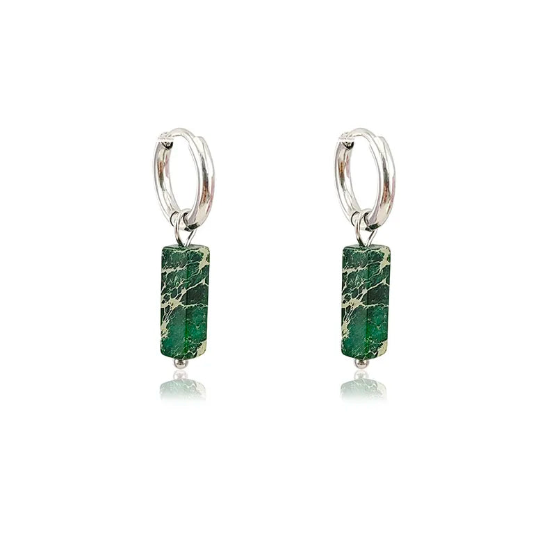 Silver Stainless Steel Square Hoop Earrings with Natural Stones for Women