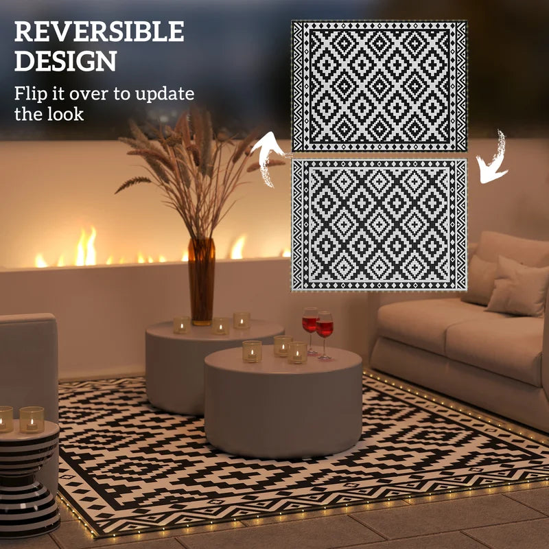 Reversible Outdoor Rug Carpet 12x9 ft with LED String Lights, Waterproof & Stain-Resistant